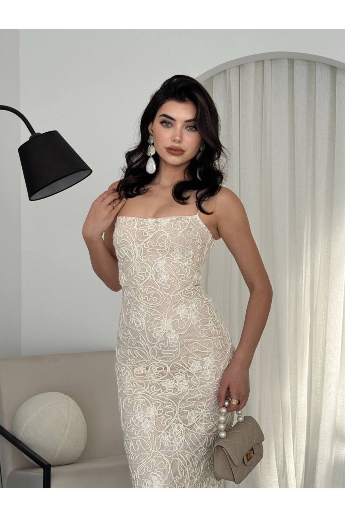 Nakışlı Astarlı ip Askılı Midi Boy Premium Elbise - BEJ
