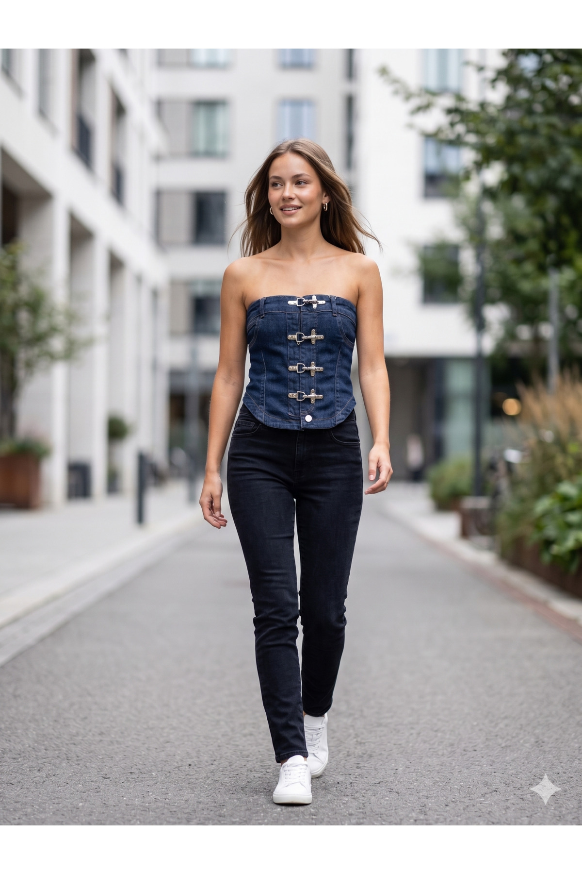 Kadın Denim Büstiyer - Metal Kanca Detaylı Jean Korse Yelek