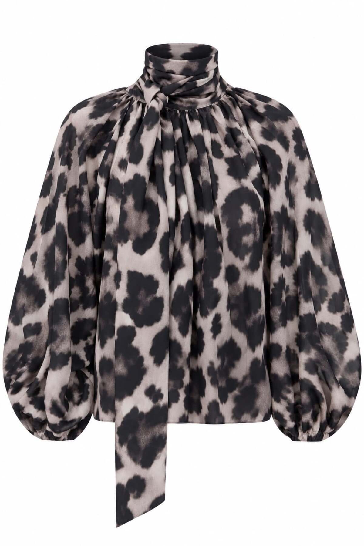 Boyun Detaylı Leopar Şifon Bluz