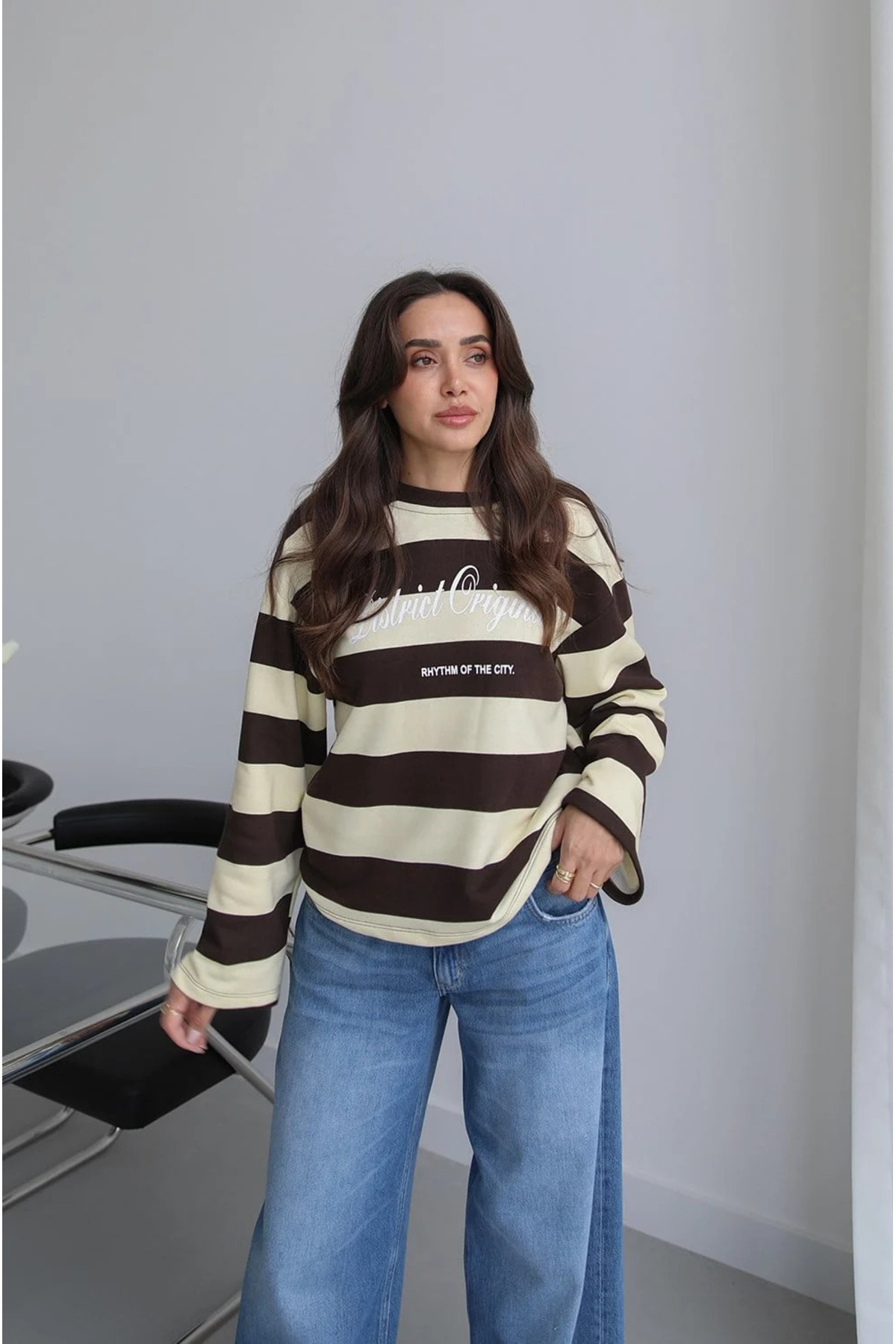 Kadın Retro Çizgili District Originals Baskı Sweatshirt